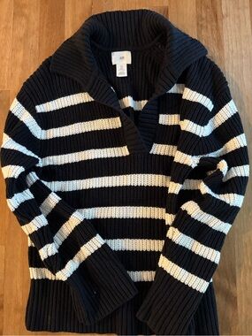 H&M Black and Cream Striped Ribbed Knit Pullover